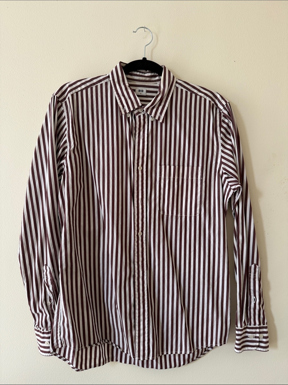 Uniqlo Burgundy and White Vertical Stripe Button-Down Shirt